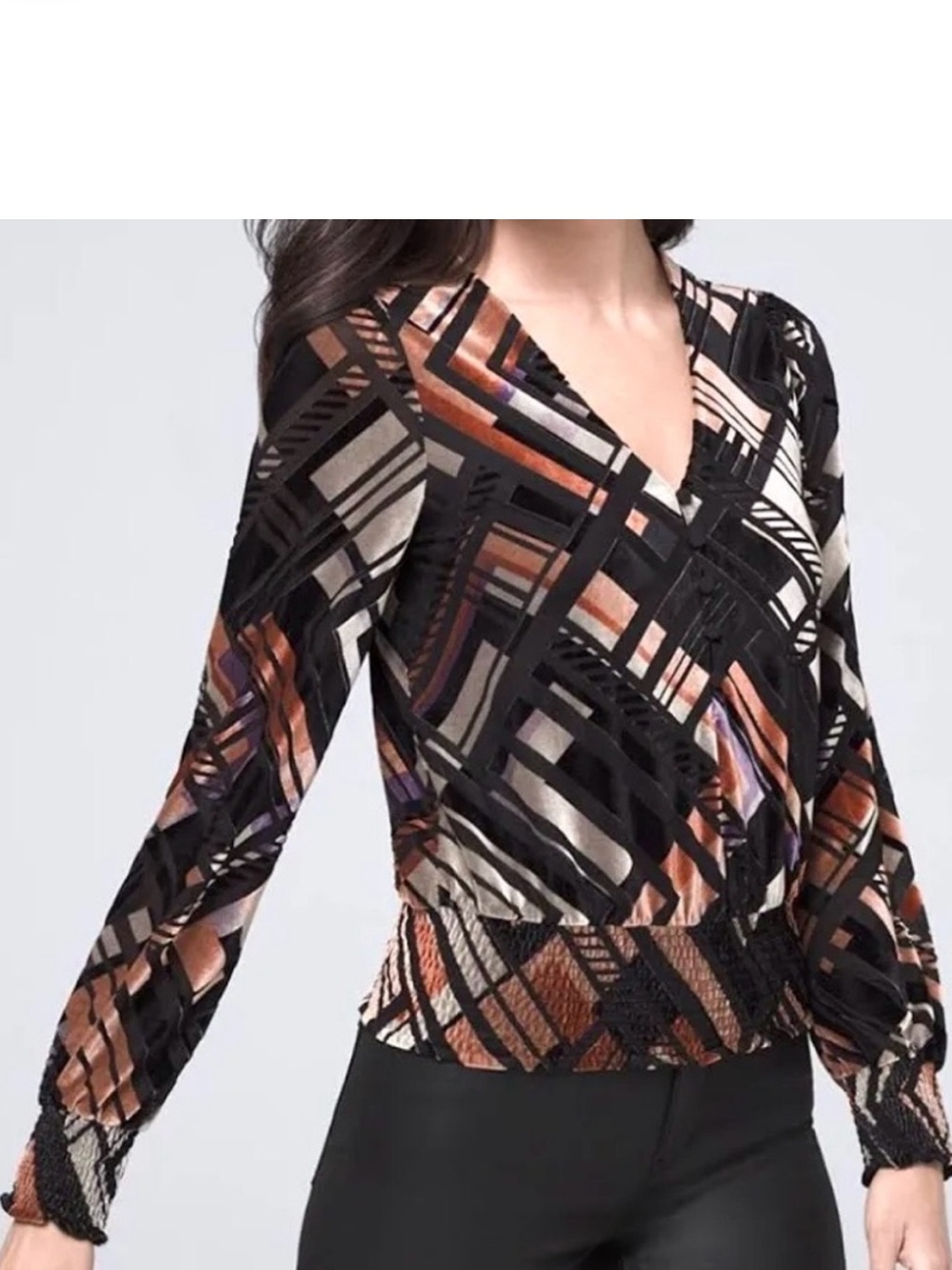 WHBM Velvet Burnout Blouse Women’s Size M Fractured Geo Smocked Waist V-Neck